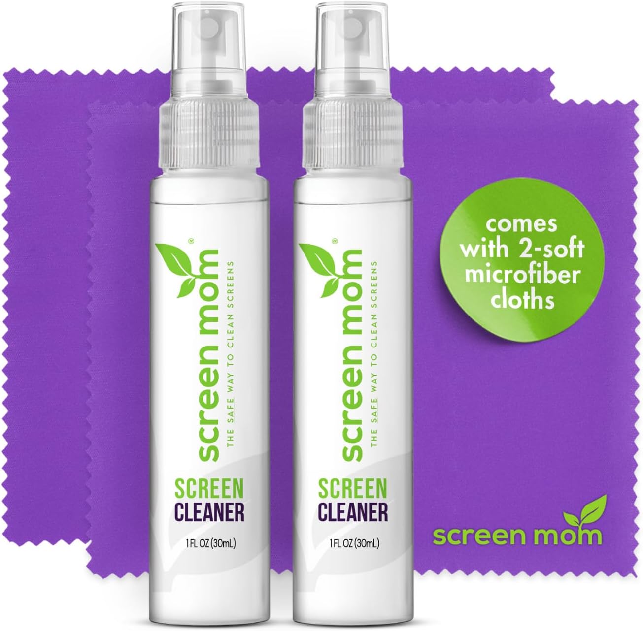 Screen Cleaner Spray and Microfiber Cloths 2-Pack (2x1oz) by Screen Mom-Screen Cleaner Spray and Wipe for TV, Computer, Phone, iPad, Car Screen Cleaning Kit Electronic Cleaner Spray