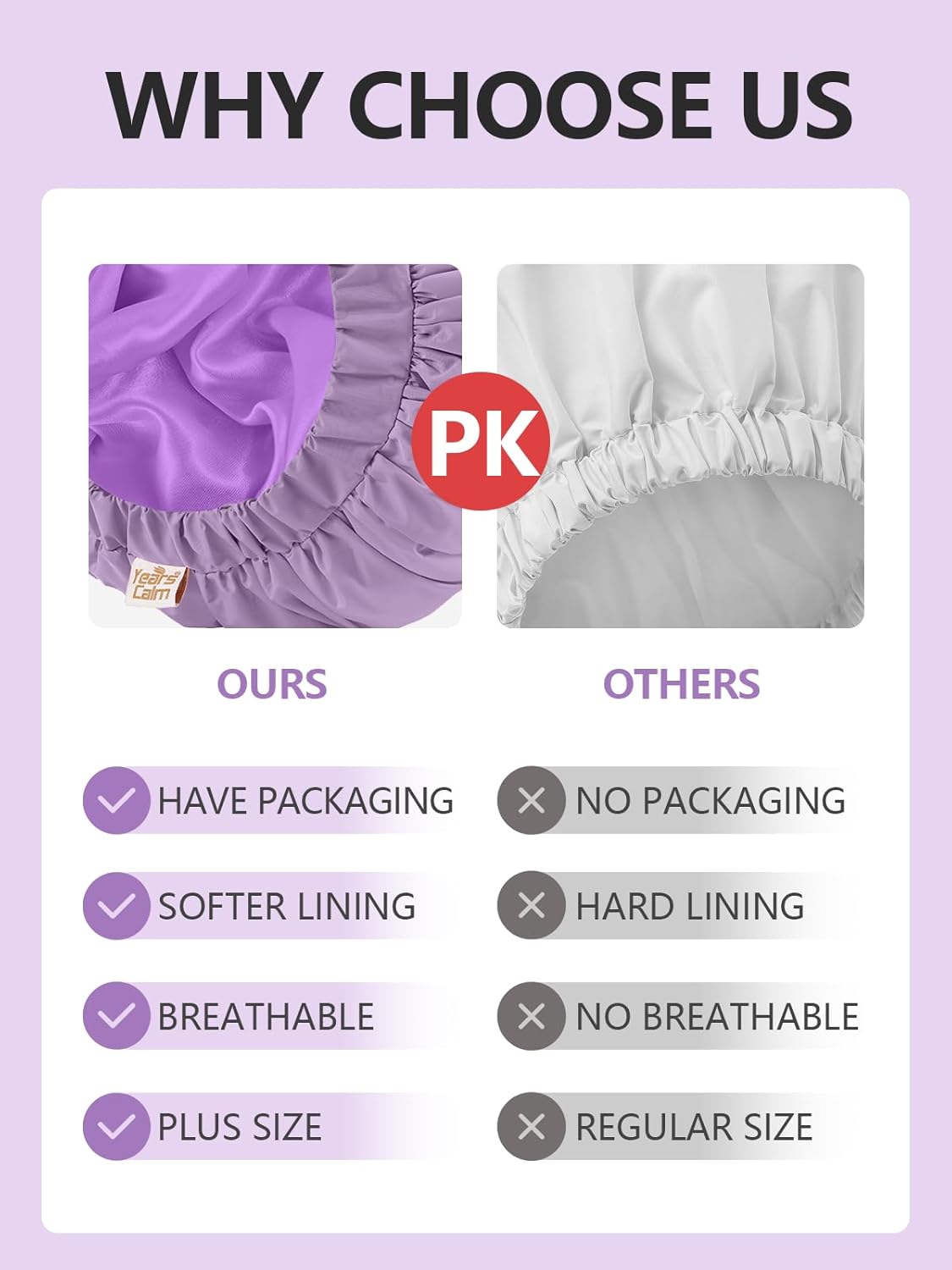 Years calm Reusable Waterproof Shower Caps for Women, Hair Caps for Showers, Double-Layer Elastic Design, for All Hairstyles, Travel-Friendly (Purple)