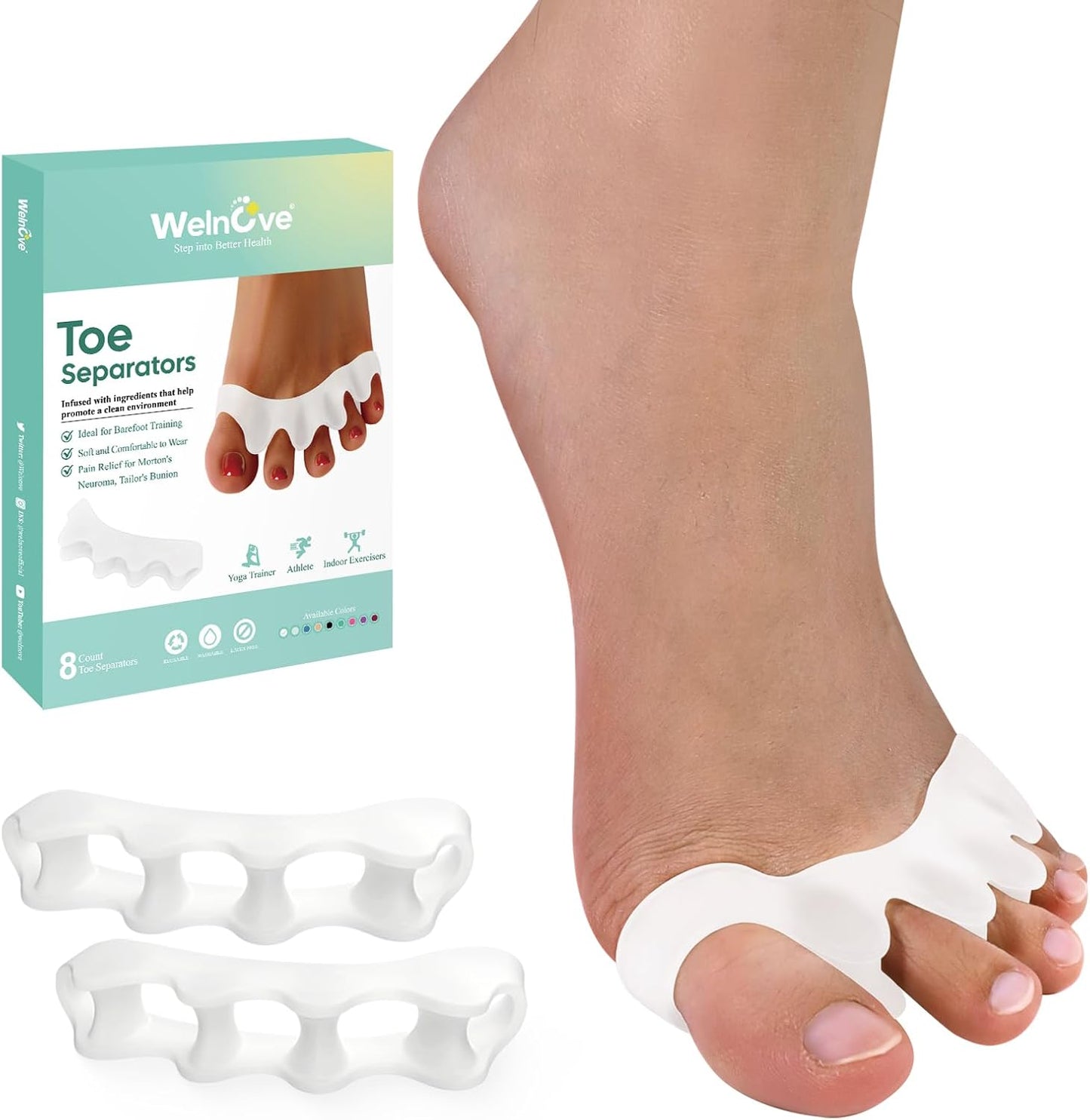 Welnove Toe Separators Spacers for Women - 8 Pack Gel Toe Straightener to Correct Bunions and Relieve Foot Pain - Silicone Toe Spacers for Hammertoe Yoga Practice - White