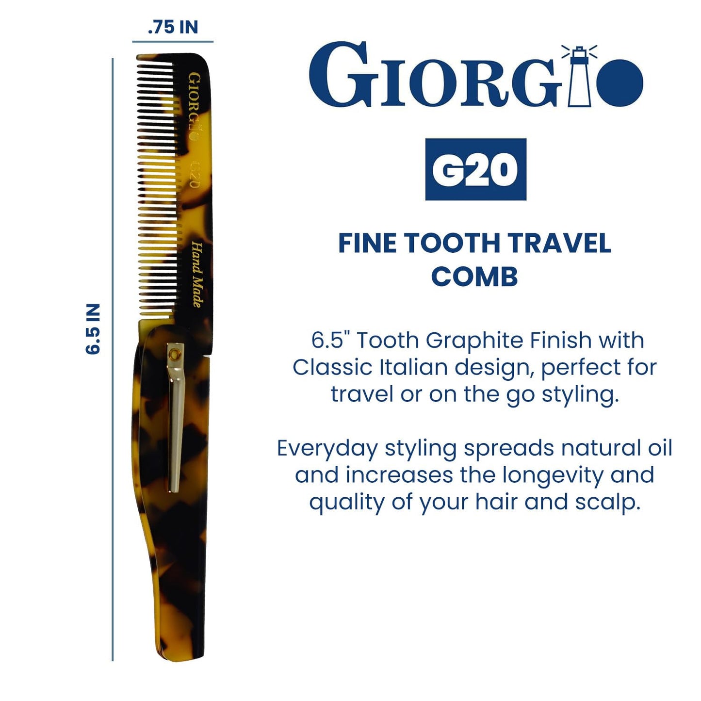 Giorgio G20 Folding Mustache and Beard Comb 6.5 Inches - Fine Tooth Styling and Travel Comb for Everyday Hair Care - Handcrafted Sawcut and Hand Polished