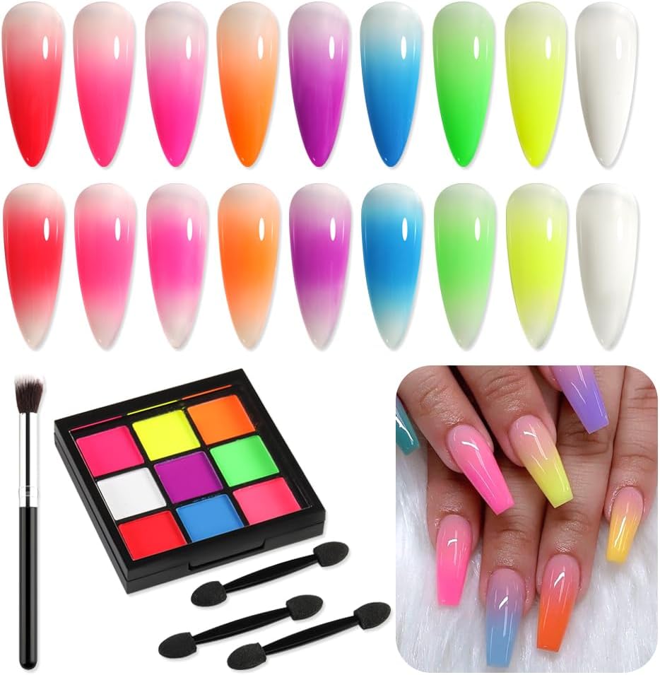 Neon Phosphor Nail Pigment Powder Palette, 9 Colors Solid Pigment Powder for Nails, Fluorescent Glitter Aura Nails Rubbing Dust with Ombre Nail Brush & Sponge Sticks Manicure Art DIY Accessories