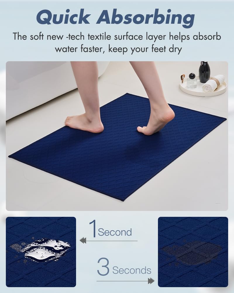 AMOAMI Ultra Thin Bathroom Rugs, Rubber Backed Bath Mats for Bathroom Non Slip, Absorbent Bathroom Mat for Floor, Shower, Sink (24"x35", Blue)