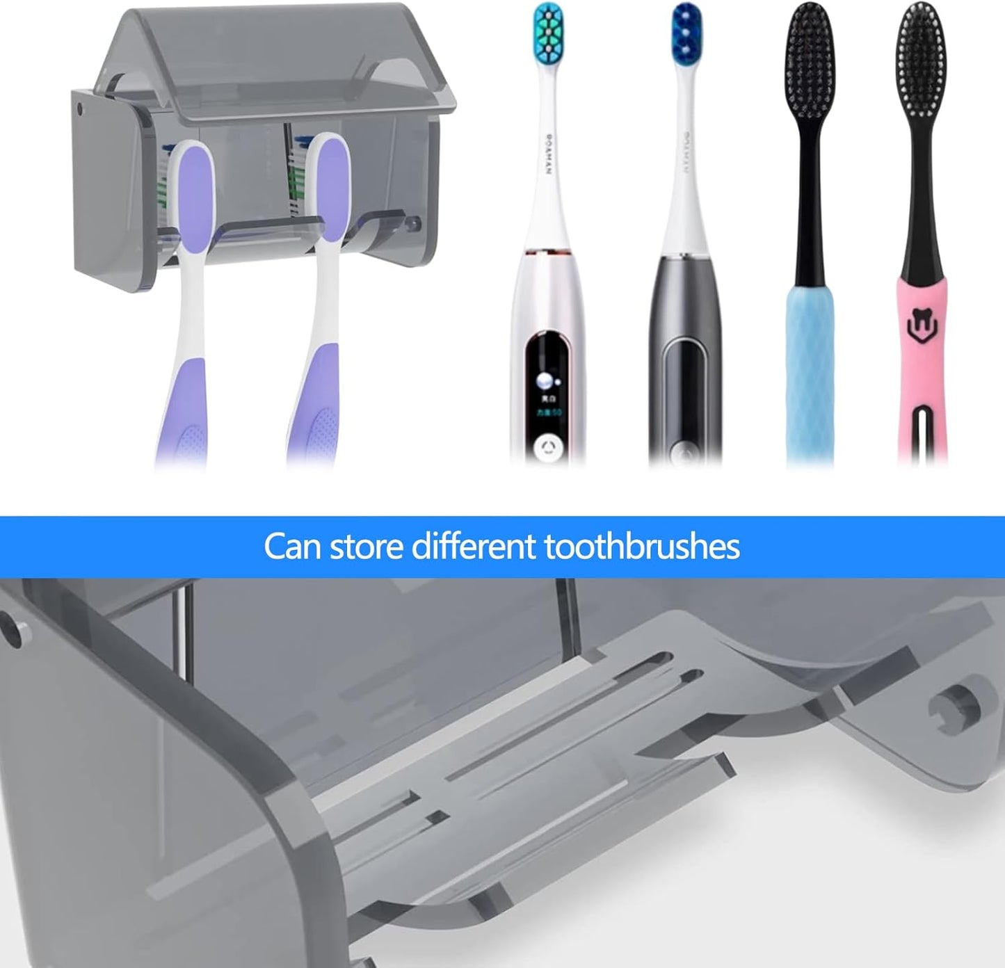 Wall-Mounted Toothbrush Holder with Cover, 2-Slot Organizer for Bathroom, Shower, Dorm, Cabinet (Clear)