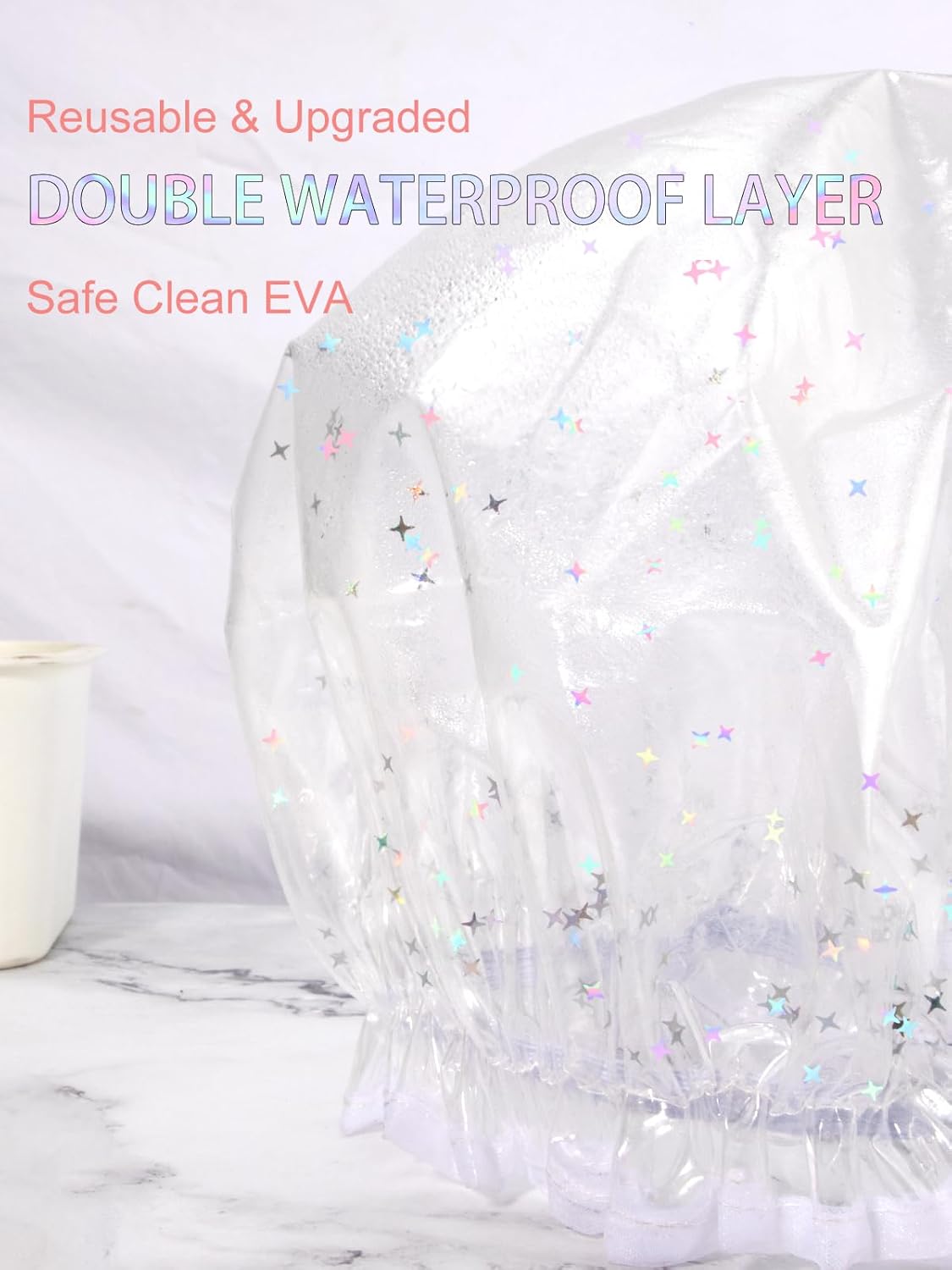 Auban Luxury Shower Cap Reusable Waterproof for Women Sequin Lined Hair Cap for Shower Plastic Cap for Long Hair Large Double Layer Bath Cap Travel Essential & Cleaning Supplies