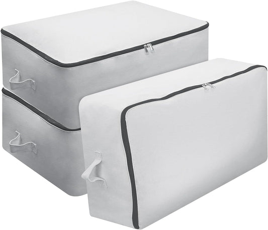 Omygarden Ultra Thick Fabric Clothes Canvas Storage Bag Foldable Closet Organizer Bag with Reinforced Handle Sturdy for Sweaters, T-shirts, Blankets, Coats, 3 Pack, Light Gray