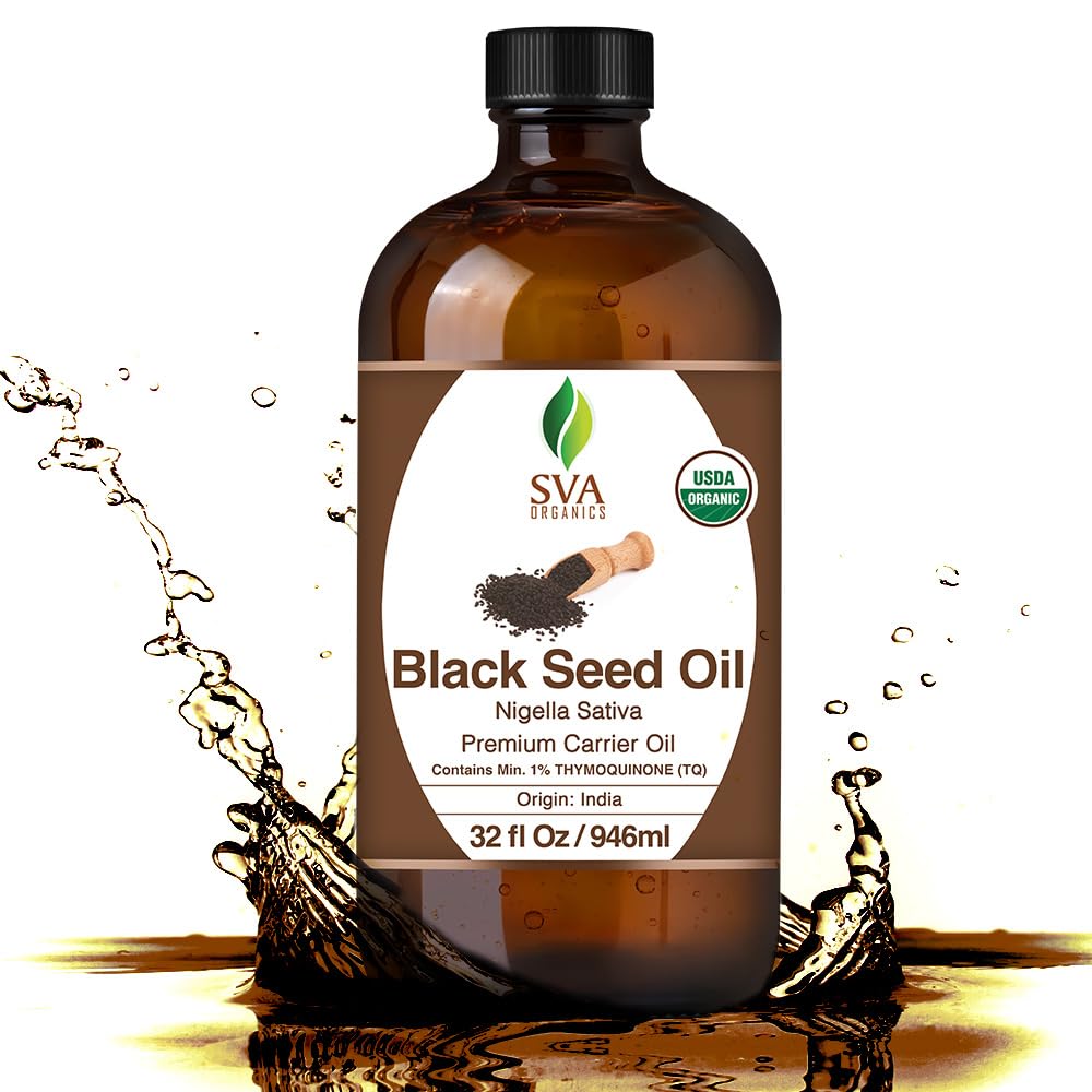 SVA Black Seed Oil Organic - 32 Fl Oz – 100% Natural Cold Pressed Organic Black Seed Oil - for Face, Skin Care, Hair Care, Scalp Massage & Body Massage – Carrier Oil