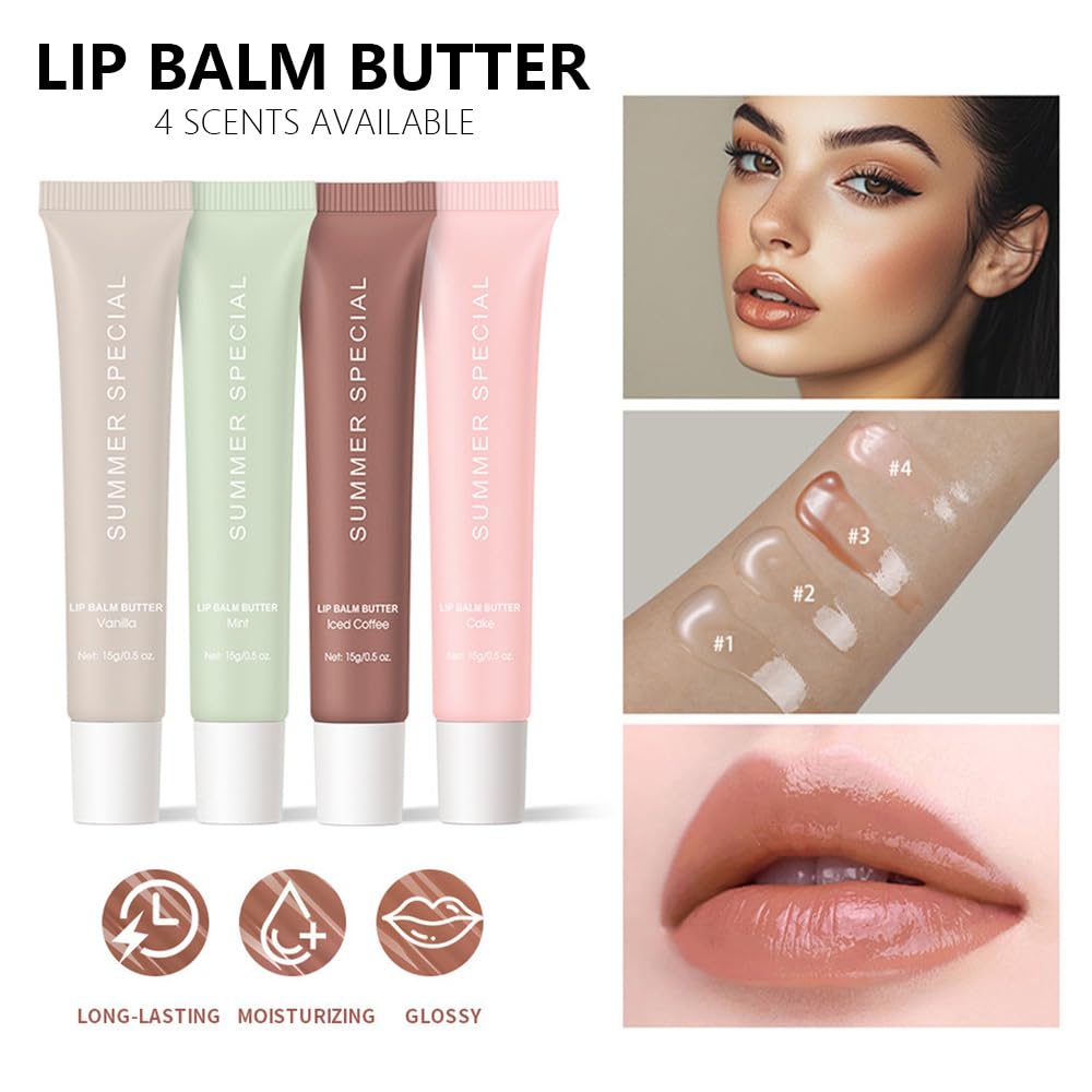 4PCS Summer Ultra-Hydrating Lip Butter Balm – Natural Vegan Lip Balm for Instant Moisture, Shine & Hydration, Sheer-Tinted, Soothes & Softens Dry Lips, Taste Vanilla & Mint & lced Coffee & Cake