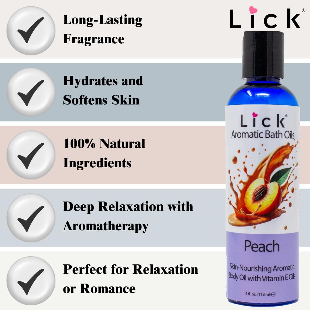LICK Peach Aromatic Bath Oil; Natural Ingredients Blend of Sweet Almond Oil, Vitamin E, Jojoba Oil for Skin; Relaxing Aromatherapy Gifts for Women; Paraben Free, Made in USA