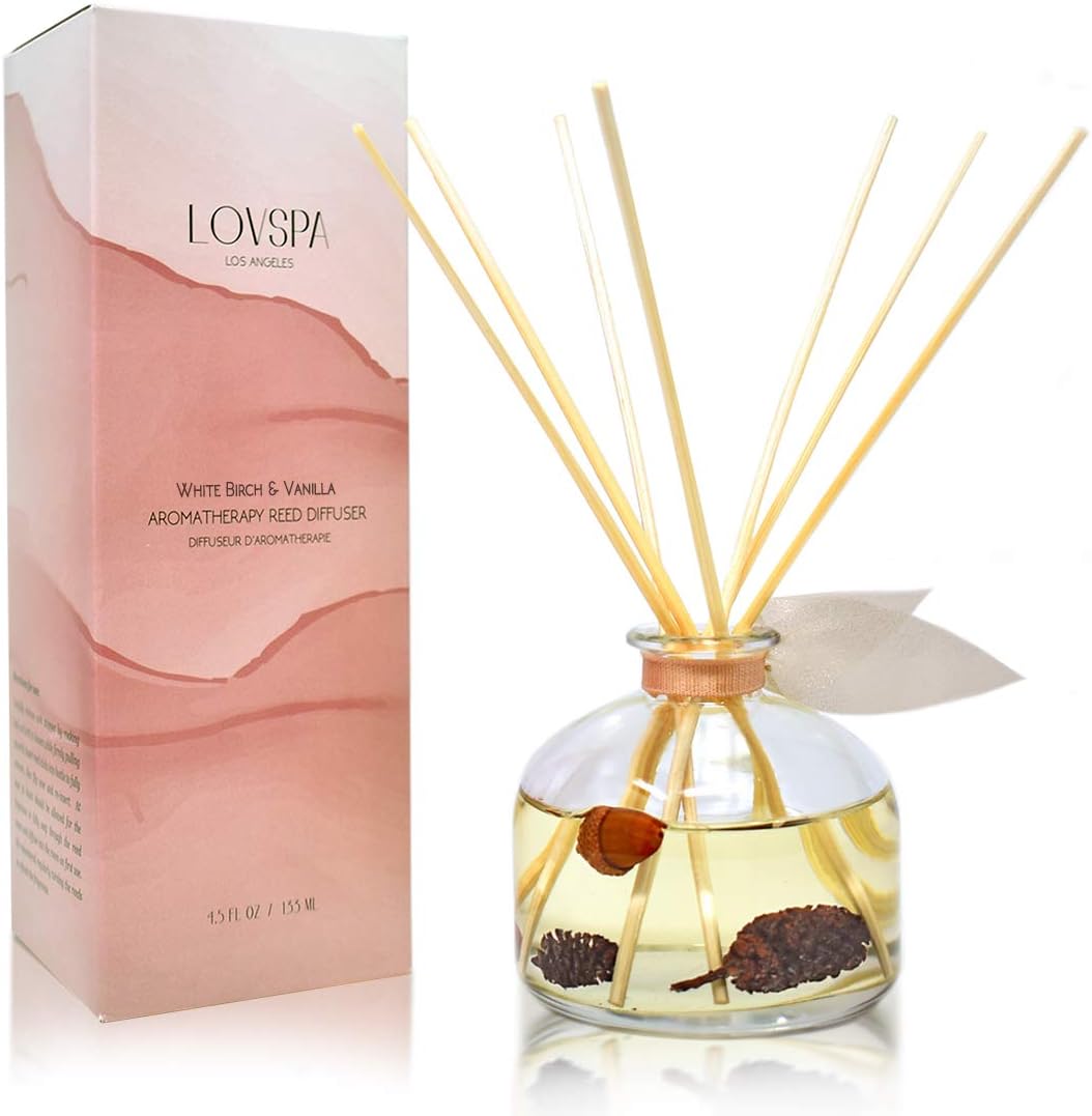 LOVSPA Reed Diffuser Set, White Birch & Vanilla Scented Oil Diffuser with Sticks, Home Fragrance Accessories for Bathroom Shelf Decor, Aroma Diffusers for Home or Office Fall Decor, USA Made