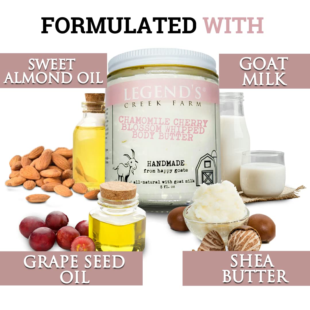 Legend's Creek Farm, Goat Milk Body Butter - Hydrating Natural Body Moisturizer with Organic Shea Butter & Grape Seed Oil - 8 Oz Purifying & Toning Whipped Body Butter (Chamomile Cherry Blossom)