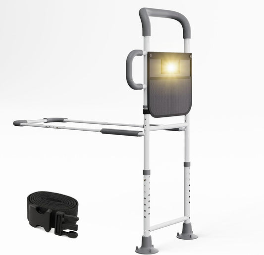 HOMEAL Bed Rails for Elderly Adults Safety, ASTM Approved Adjustable Bedside Assist Rail for Seniors, Non-Slip Ergonomic Handle & Reinforced Support Bar, 350lb Tested, Motion Light & Fixing Strap(Grey