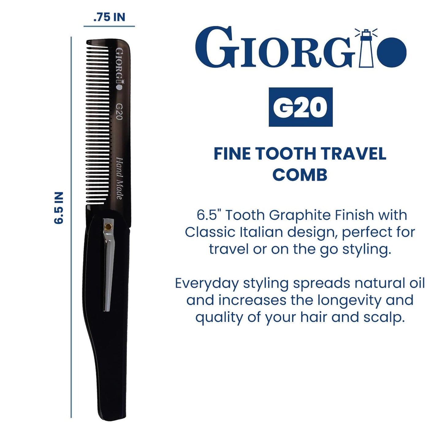 Giorgio G20 Fine Tooth Folding Mustache and Beard Comb 6.5 Inches - Small Pocket Comb for Everyday Hair Care and Styling - Sawcut and Hand Polished (Black Graphite)