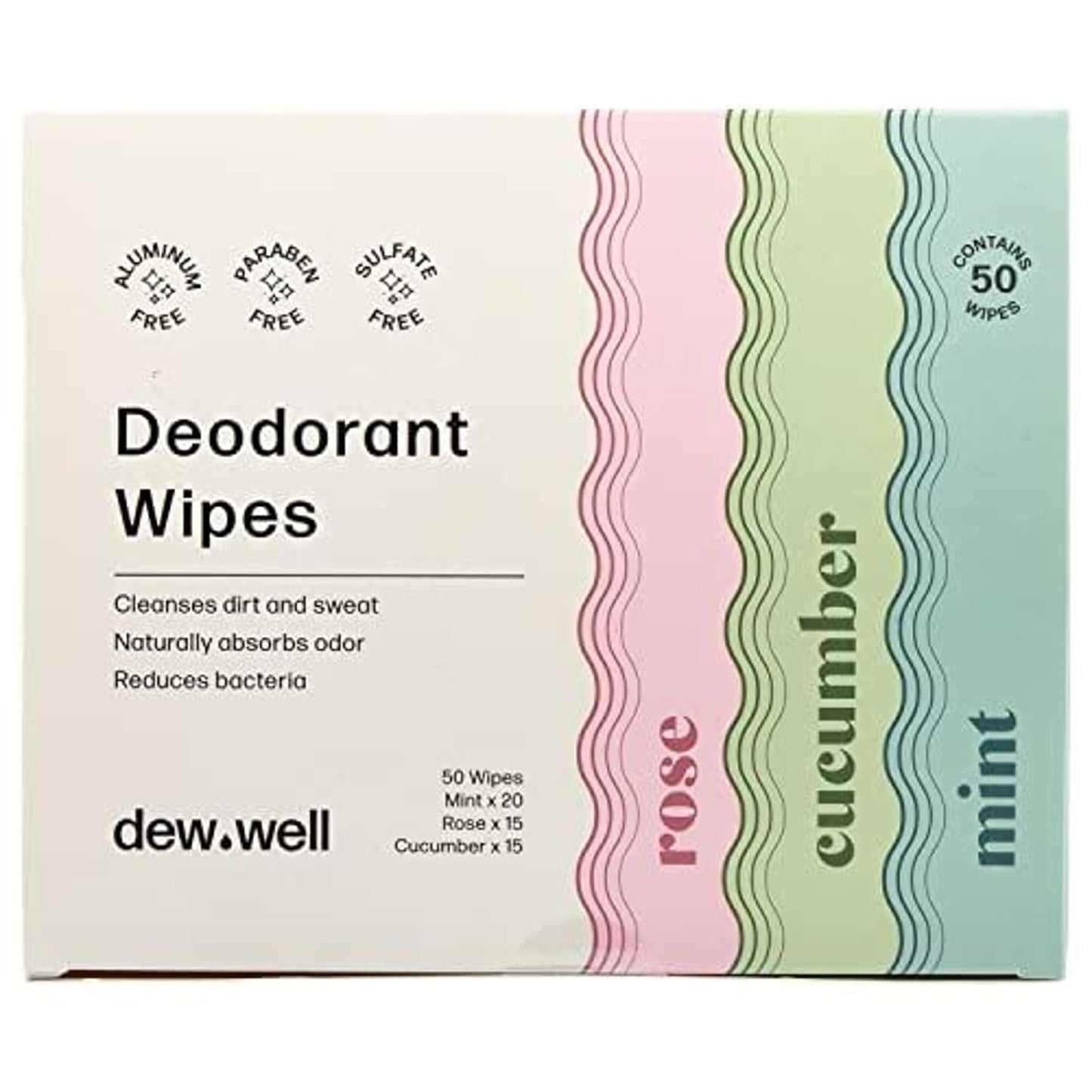 Dew Well Refreshing Deodorant Wipes - A Fresh Start When You’re On the Go - Aluminum, Paraben, and Sulfate Free - Variety Pack (Mint, Rose, and Cucumber) - 50 Individually Wrapped Wipes