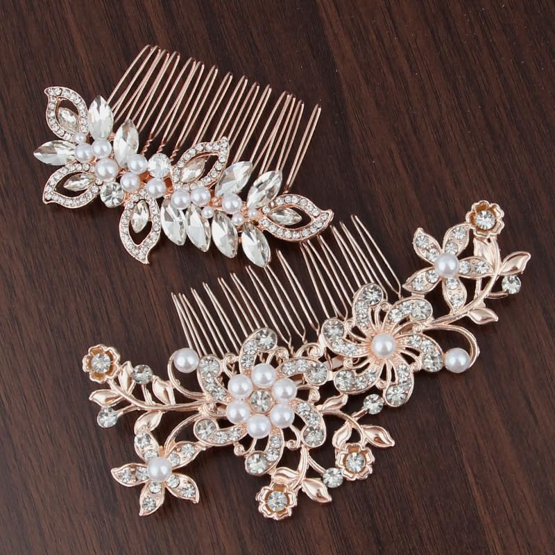 2pcs rose gold wedding hair comb set, crystal pearl floral design, bride hair accessories for ladies