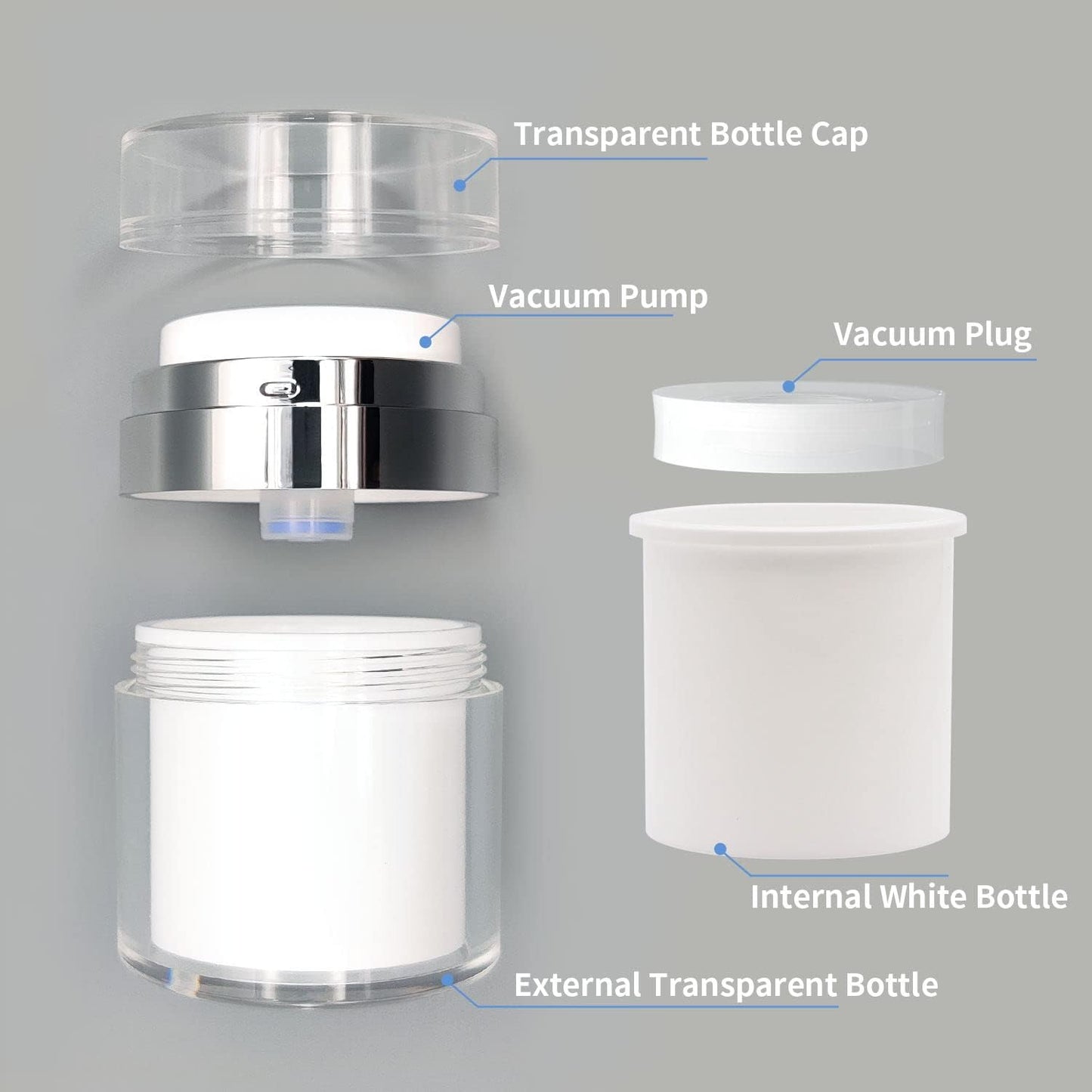 2Pack Airless Pump Jars with Cosmetic Spatula, 3.5 oz Empty Refillable Cosmetic Air Pump Jars Bottles Airless Lotion Cream Dispenser Portable Travel Makeup Containers (Silver)