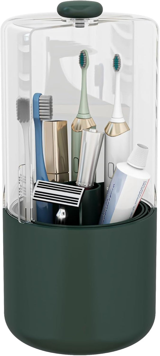 Toothbrush Holder with Cover 360 Rotating 4 Compartments Bathroom Toothpaste Electric Toothbrush Organizer, Dark Green