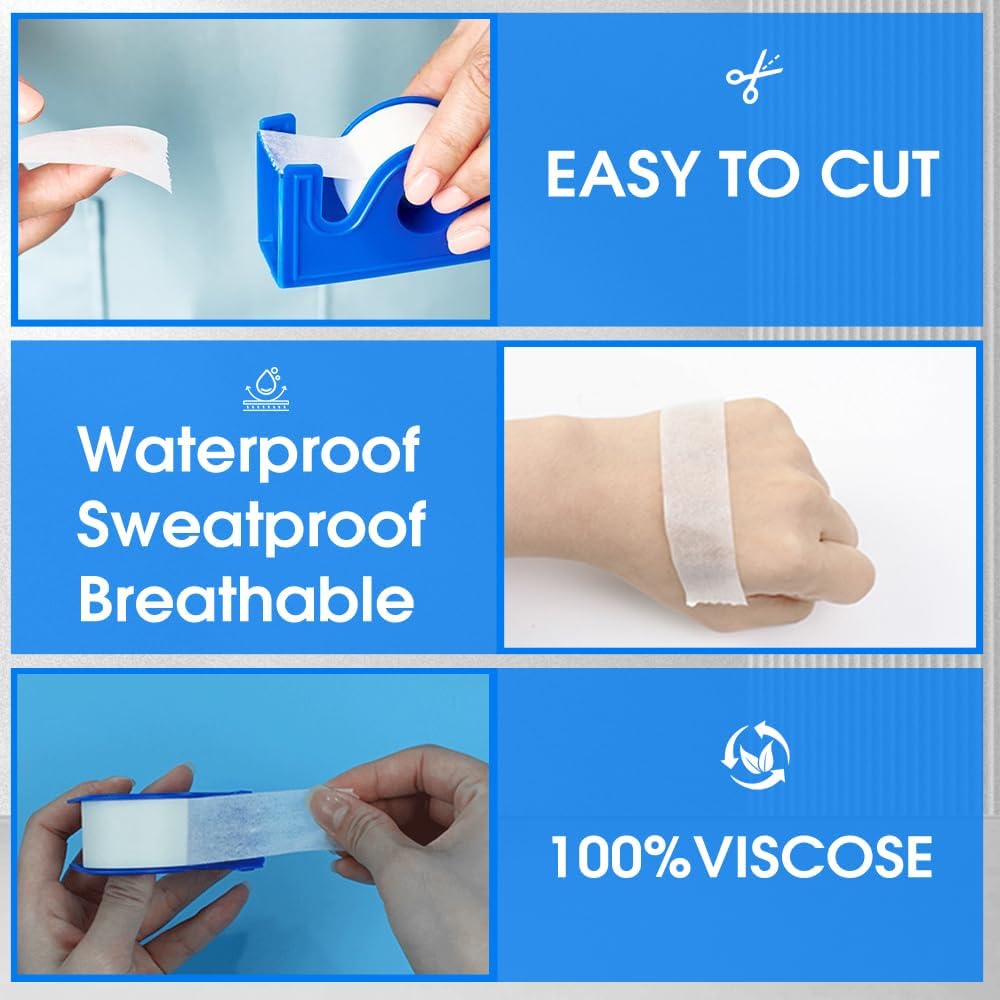 2 Rolls Surgical Medical Tape with Dispenser 2 Each, 1 Inch X 10 Yard Paper Tape Medical, Wound First Aid Tape, meedical Tape White, NonSterile