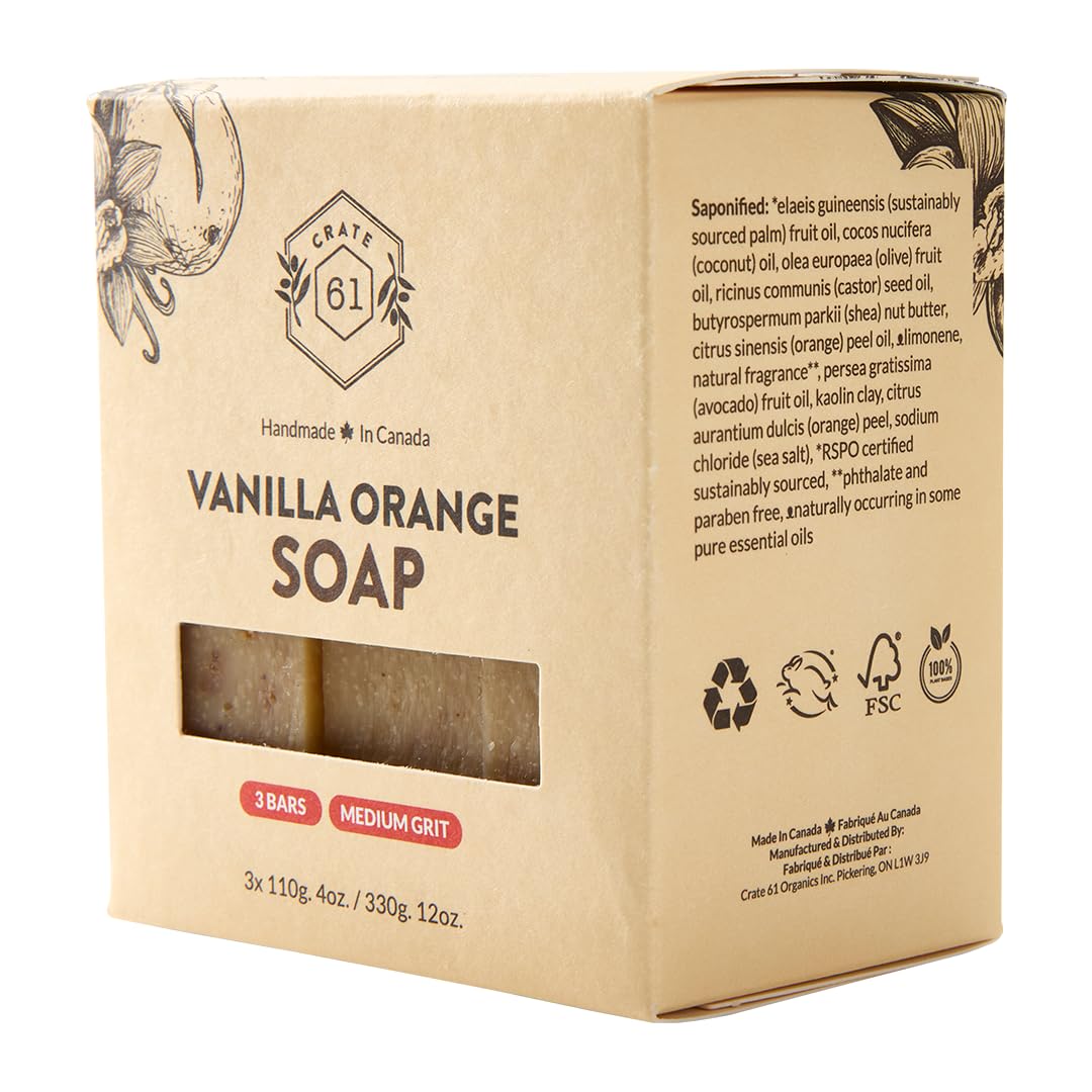Crate 61 Organics, Handmade in Canada, Plant Based Cold Process Natural Bar Soap For Face And Body, With Premium Essential Oils, For Men And Women 3 Pack (Vanilla Orange)