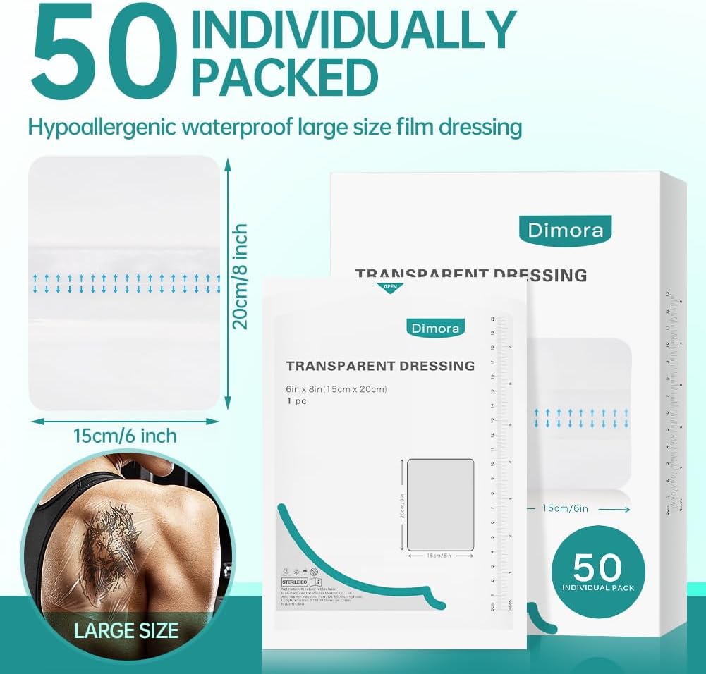 Dimora Waterproof Transparent Film Dressing, Large Clear Wound Bandages 6x8 inch 50 Pack, Post Surgical Skin Protector, Adhesive Medical Pad for Swimming,Showering,Tattoo Aftercare,IV Fixing