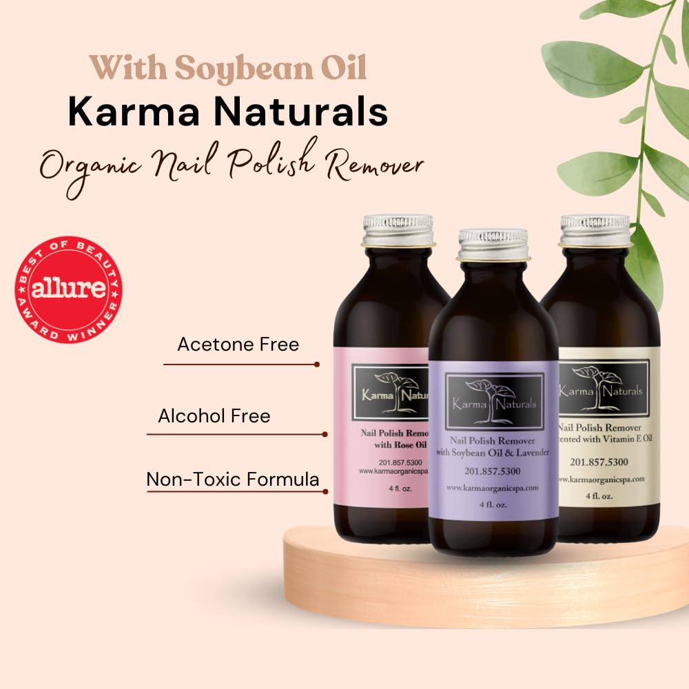 Karma Organic Nail Polish Remover Bundle - Includes Natural Lavender, Rose Oil, and Unscented Nail Polish Remover (4FL-Oz) (Multipack)