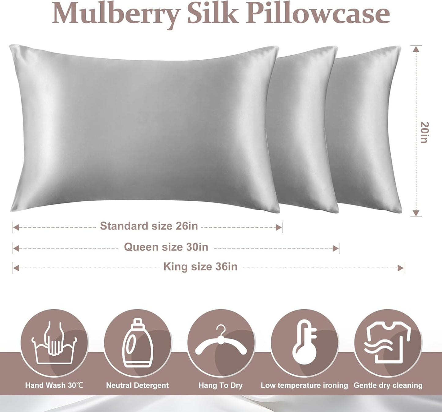 2 Pack 100% Pure Silk Pillowcase for Hair and Skin, Both Sides Mulberry Silk Pillowcases with Hidden Zipper, Cooling Pillowcase 19 Momme, 600 Thread Silk Pillow Cases Standard Size, Gray