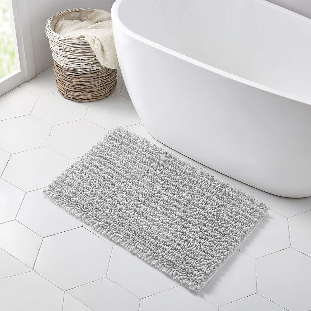 Walensee Bathroom Rug Non Slip Bath Mat (32x20 Inch Light Grey) Water Absorbent Super Soft Shaggy Chenille Machine Washable Dry Extra Thick Perfect Absorbant Best Large Plush Carpet for Shower Floor