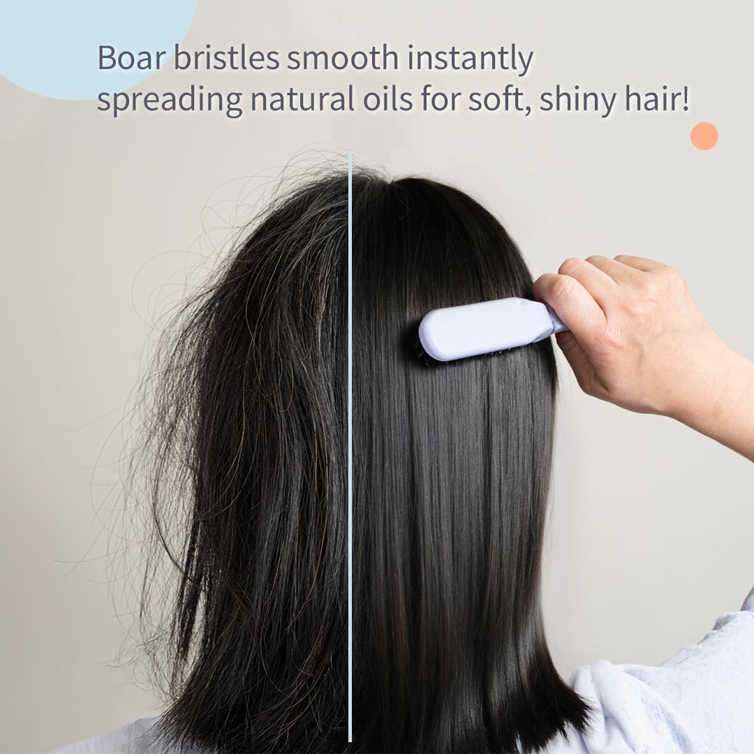 Uffy MiniPop Travel Hair Brush – Mini Folding Boar Bristles for Women, Men & Kids | Kid-Friendly Portable Purse Brush for Wet & Dry Hair, Curly or Straight | Pocket-Size Detangler – Soft Grey