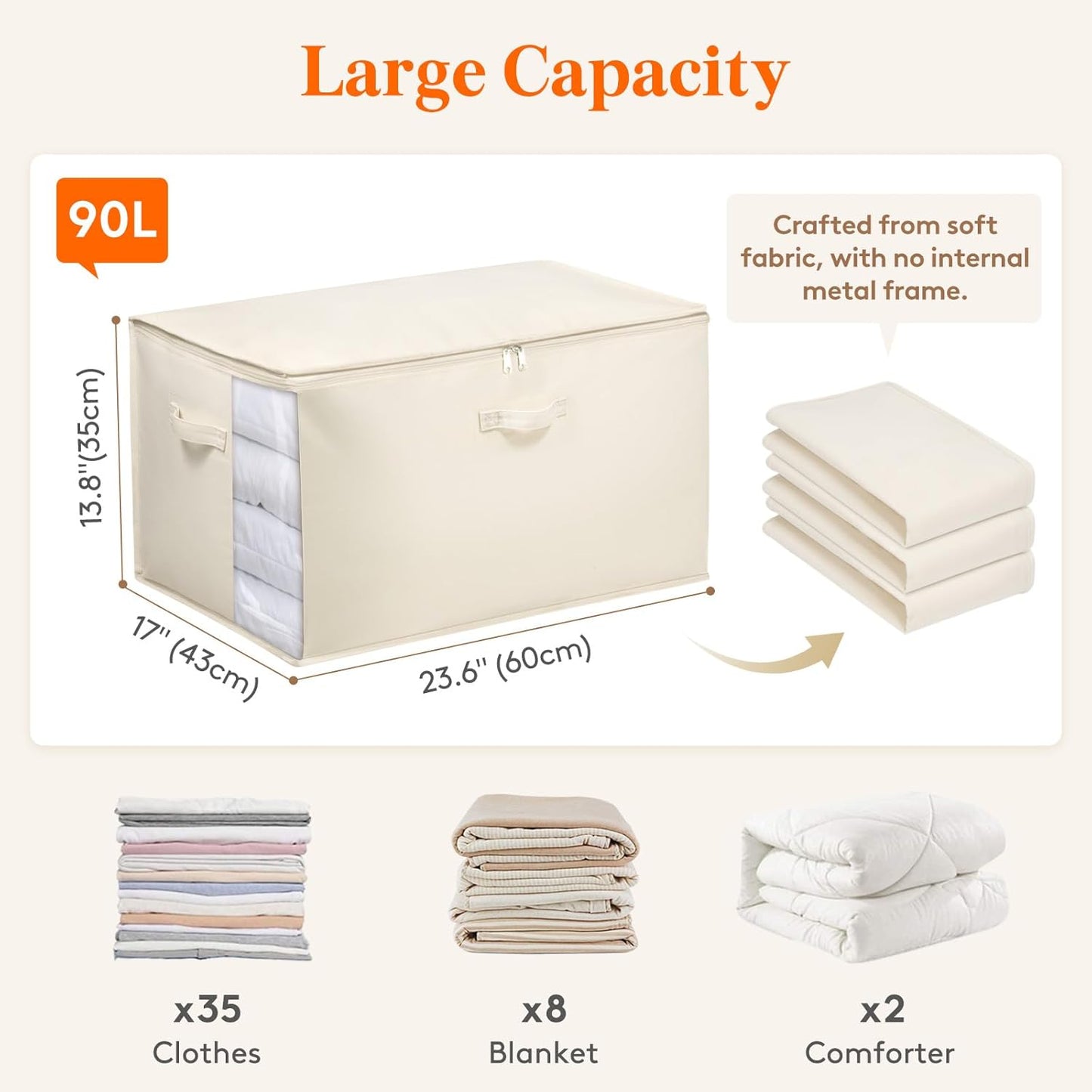 Lifewit Large Canvas Cotton Comforter Storage Bags with Zipper 4 Pack, 90L Breathable Foldable Clothing Containers, Linen Sweater Organizers Boxes for Clothes, Blankets, Pillows, Duvets, Bedding