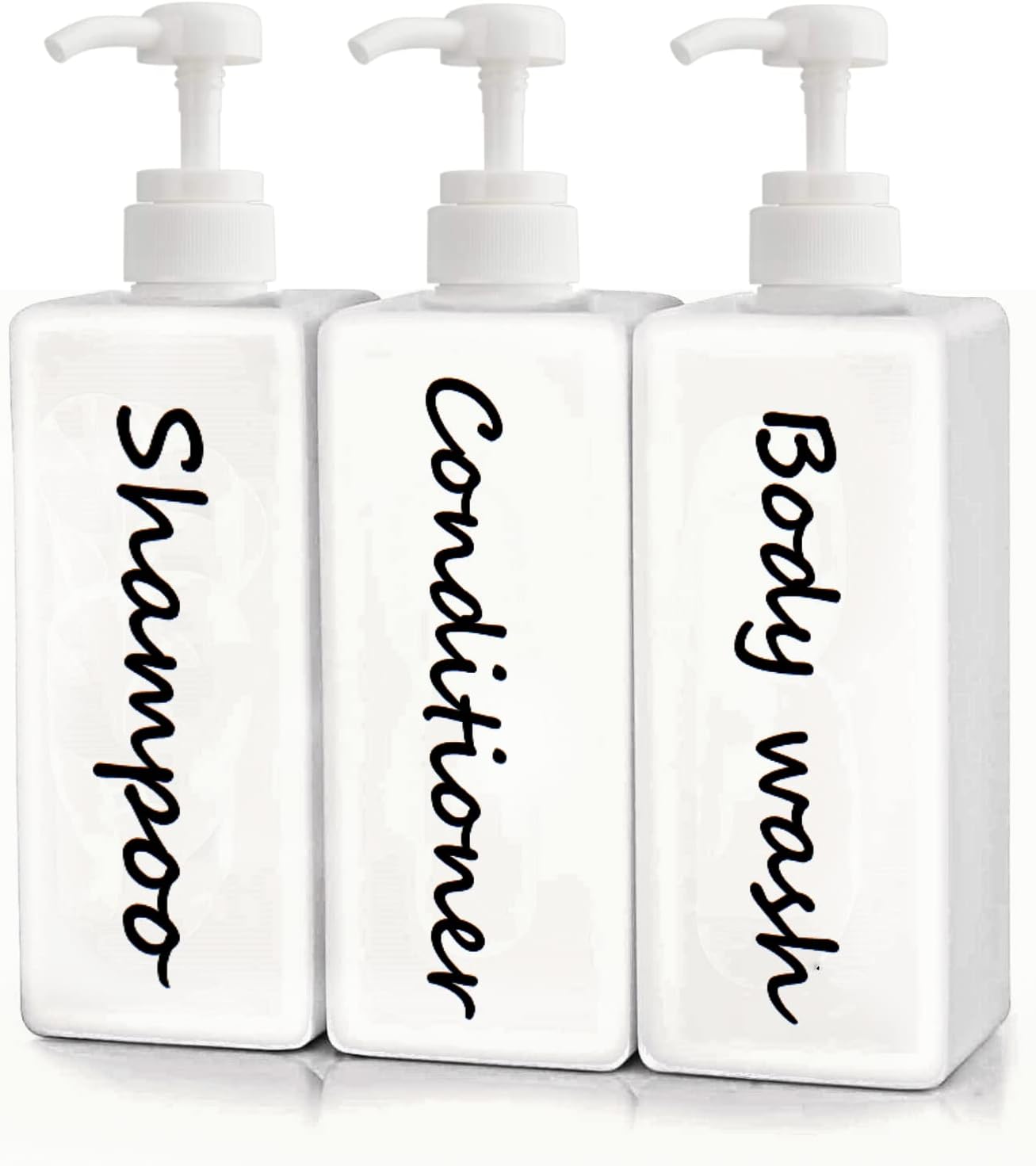 21oz Shampoo and Conditioner Dispenser (Set of 3) Modern Refillable Shampoo Pump Bottles for Shower Soap - Empty Shampoo Conditioner Body Wash Dispenser Set - Stylish Permanent Labels - for Bathroom