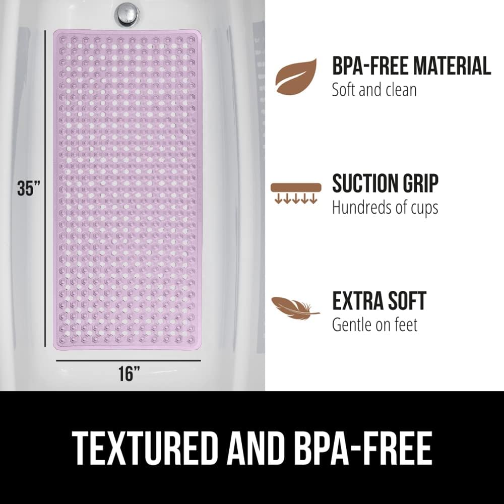 GORILLA GRIP Patented Bath Tub Shower Mat, Machine Washable Bathtub Floor Liner Mats, Suction Cups and Drain Holes to Keep Tubs Clean, Soft on Feet, Bathroom Essentials, 35x16 Inch, Clear Purple