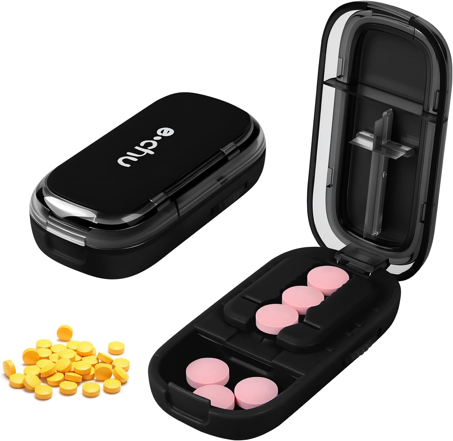 Pill Cutter Splitter for Small and Tiny,Echu Pill Cutter,1/2 & 1/4 Adjustable Pills Splitter with Centering Device for Cutting Multiple Pills,Easy to Use (Black)
