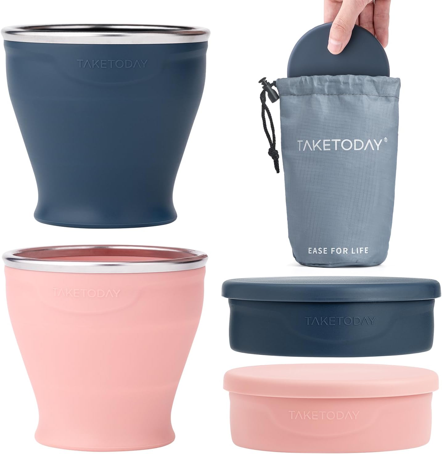 TakeToday 2PCS Collapsible Travel Cup - Silicone Foldable Water Cup, BPA-Free with Lid & Waterproof Bag - Drinking Cup Set for Camping, Outdoors & International Travel（8 Oz, Navy & Lowcountry Peach）