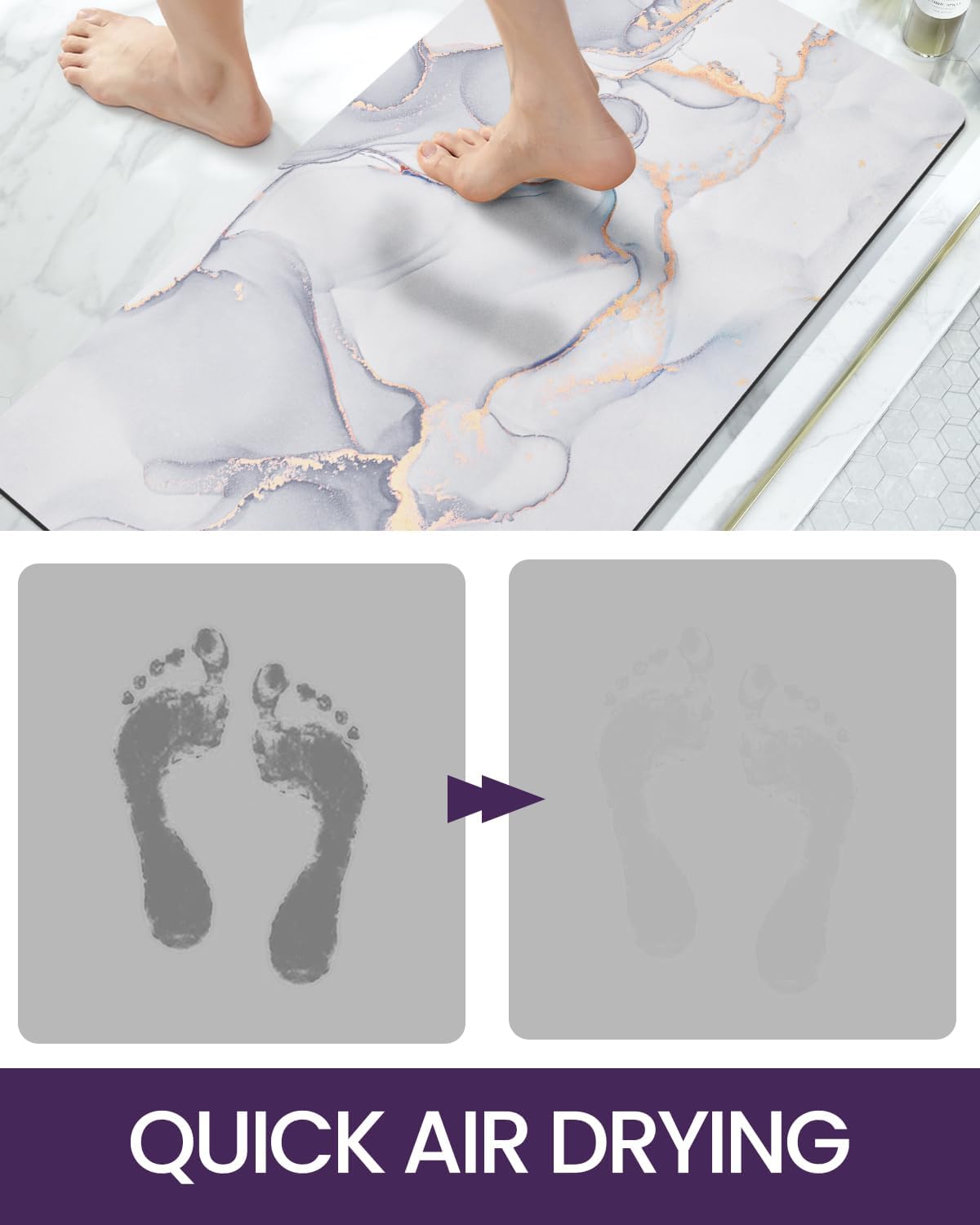 DEXI Bathroom Mat Ultra Thin, Non Slip Bath Rug for Shower Floor, Absorbent Quick Dry Marble Bathmats Low Profile, 17x43, Light Grey