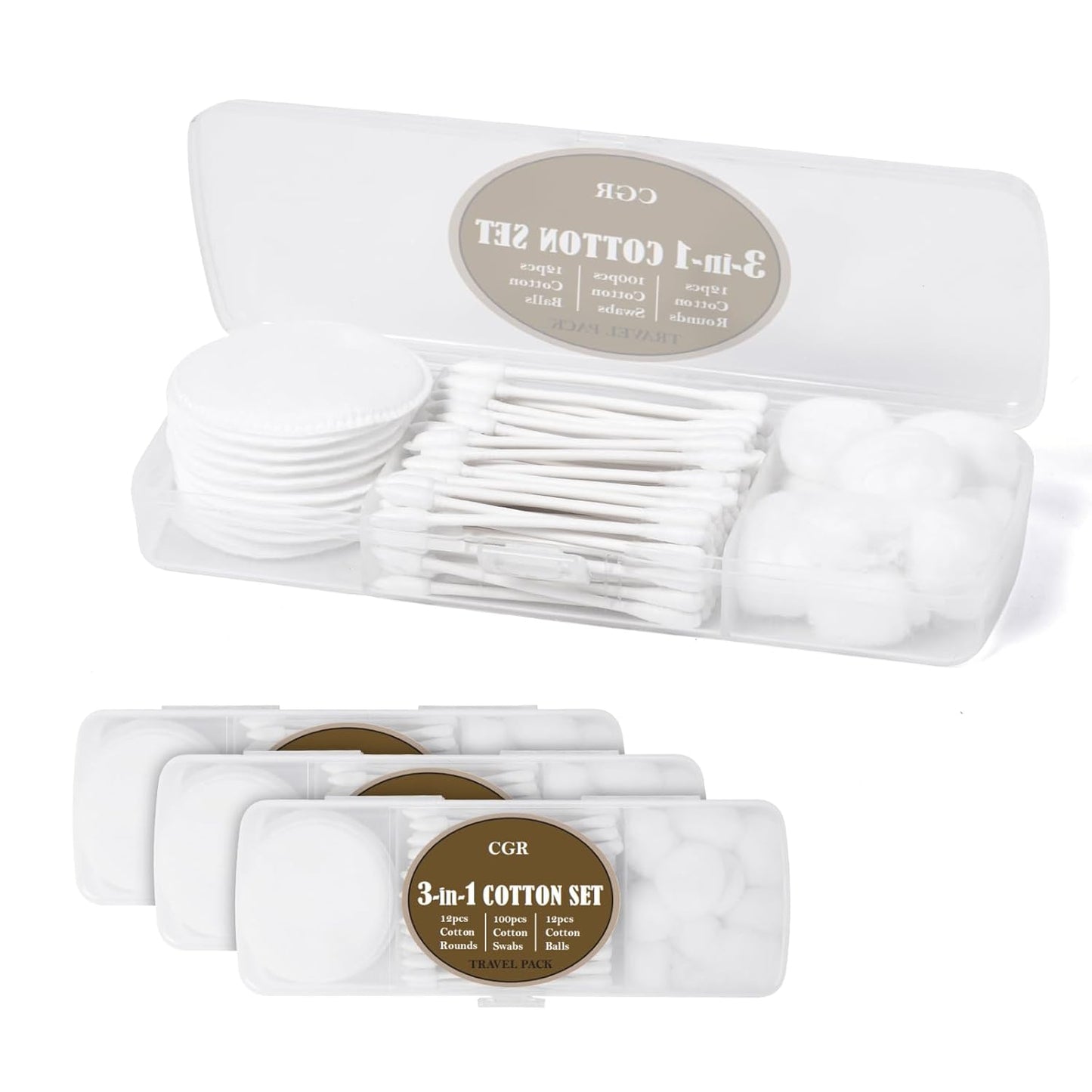 CGR Travel Cotton Swabs Set Portable, eack Pack with 100 Cotton Swabs, 12 Cotton Rounds, 12 Cotton Balls in Reusable Storage Box for Ear, Cosmetics, Makeup Remover, Nail Polish Remover(Pack of 3)