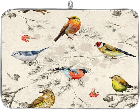 Hexteria Vintage Birds Dish Drying Mat for Kitchen Counter, Absorbent Reversible Microfiber Dish Drying Pad Kitchen Drying Mat for Home Decor, 18 x 24 inch