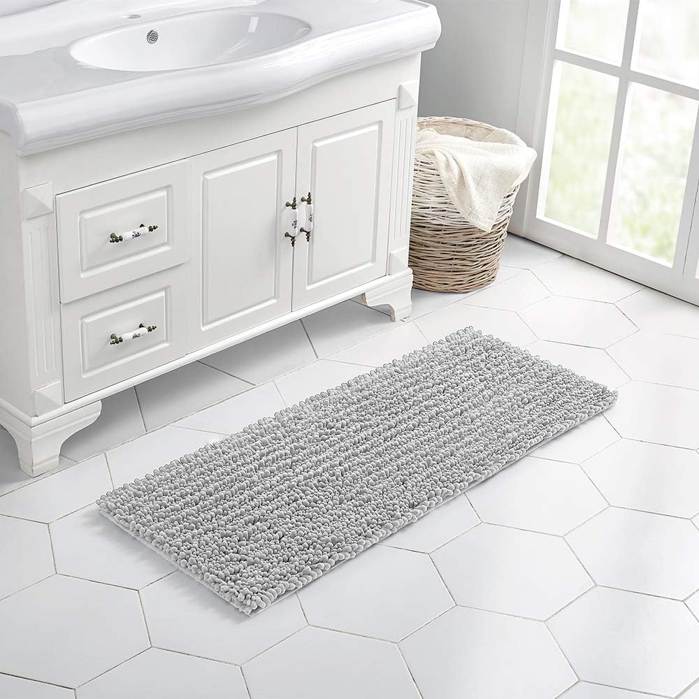 Walensee Bathroom Rug Non Slip Bath Mat (44x24 Inch Light Grey) Water Absorbent Super Soft Shaggy Chenille Machine Washable Dry Extra Thick Perfect Absorbant Best Large Plush Carpet for Shower Floor