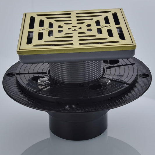 RANDOM Brushed Gold Shower Drain 4 inch Square Shower Drain with Adjustable PVC Base Flange,SUS304 Stainless Steel Shower Floor Drain with Removable Cover Grid Grate