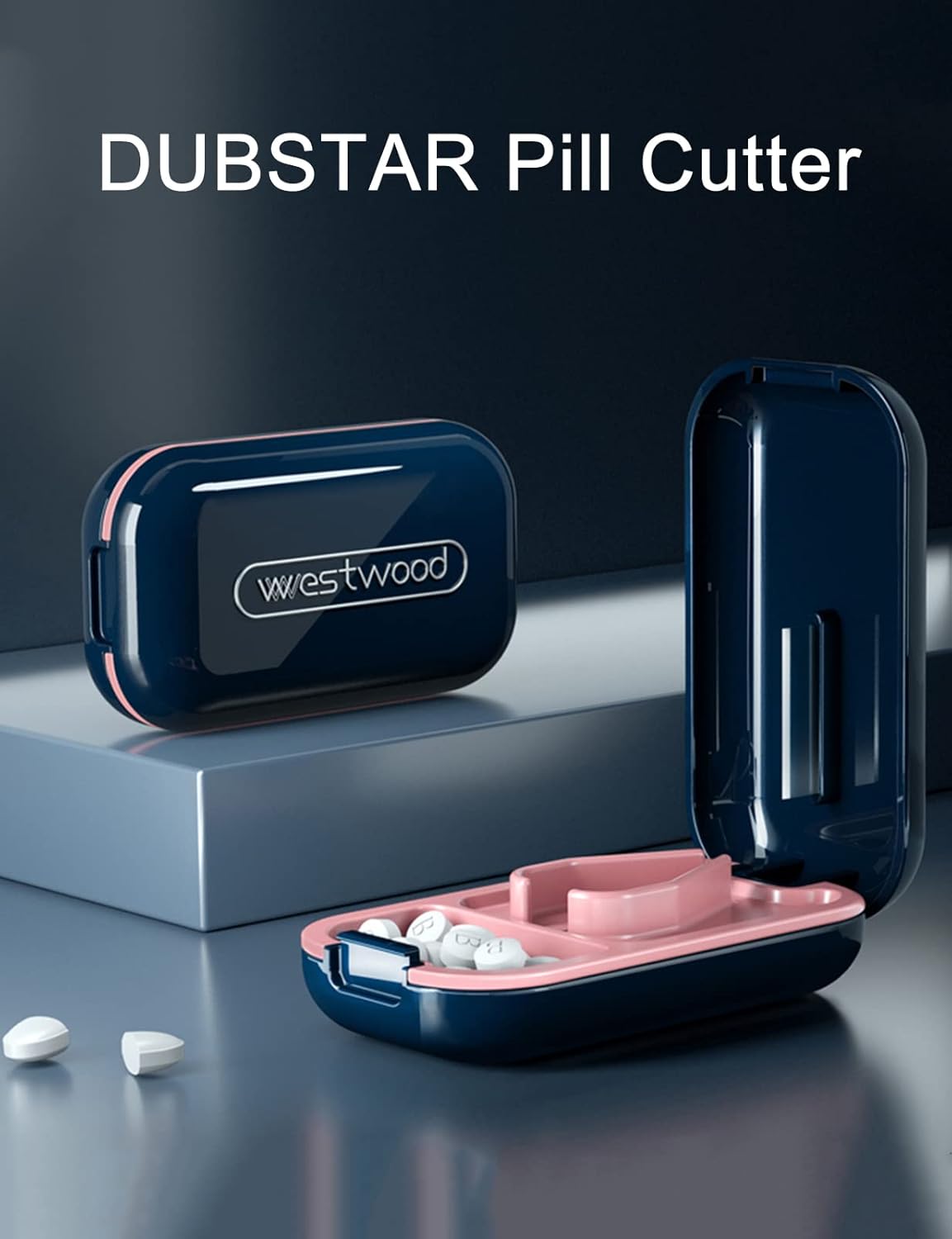 DUBSTAR Small Pill Cutter, Pill Cutter Splitter for Small and Tiny Pills, Portable Pretty Pill Cutters for Large Pills, Cuts Vitamins Tablets for Purse Pocket (2 PCS Pill Cutters, Blue+Blue)