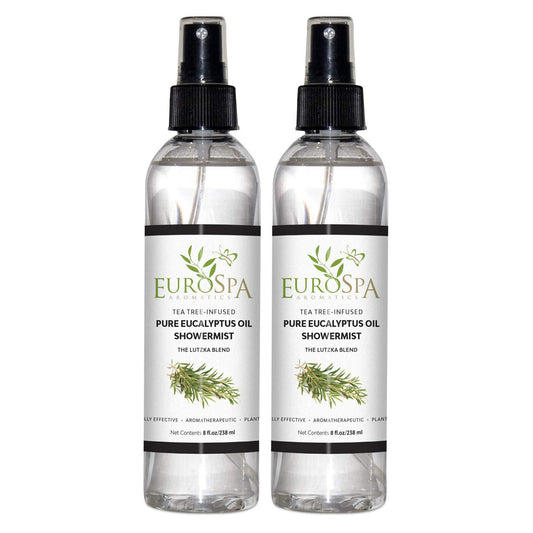 EuroSpa Aromatics Pure Eucalyptus Oil ShowerMist and Steam Room Spray, All-Natural Premium Aromatherapy Essential Oils - Tea Tree Infused, 8oz, 2 Pack