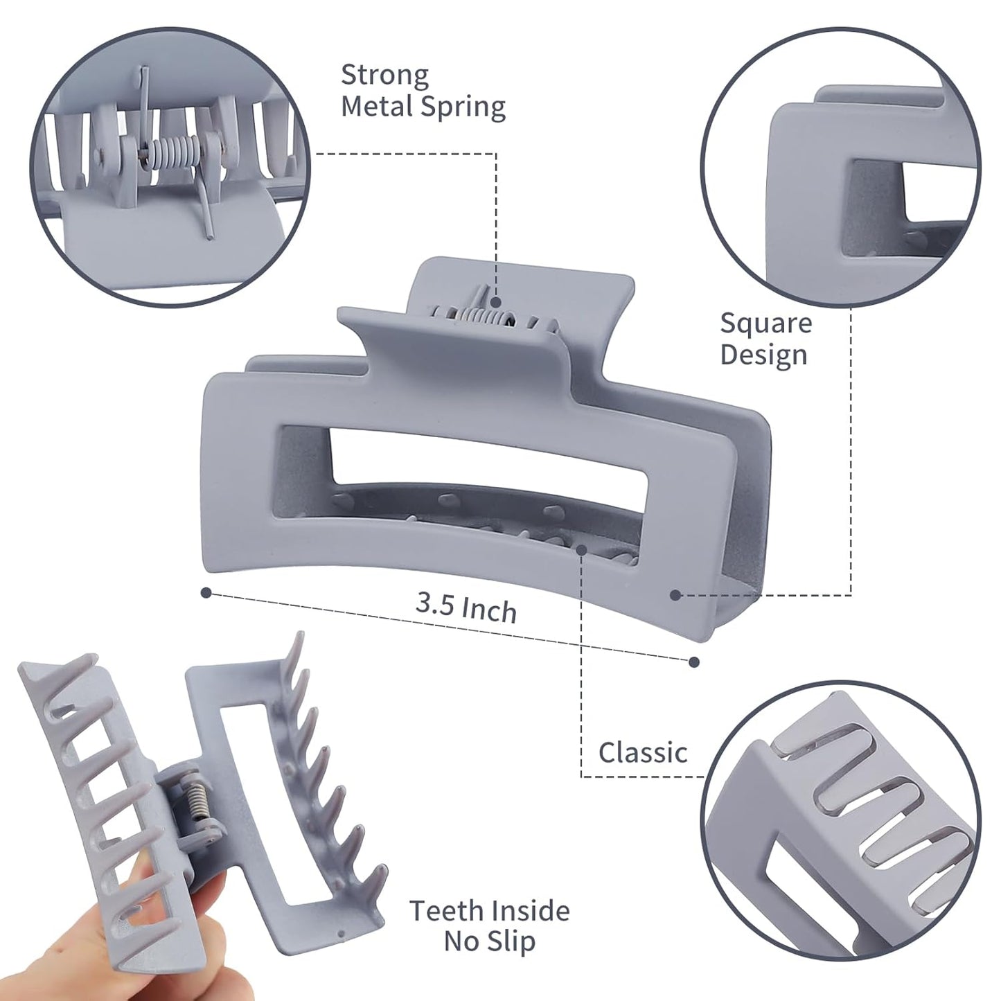 Hair Claw Clips - Medium 3.5 Inch, 12 Pcs Grey Rectangular Jaw Clips for Thick & Thin Hair - Women & Girls