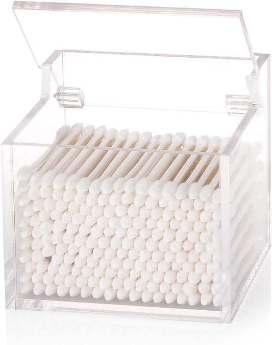 Tbestmax Qtip Holder with Lid, 4mm Thickness Cotton Ball Swab Organizer Acrylic Square Bathroom Containers Makeup Pad Cosmetic Storage - Clear