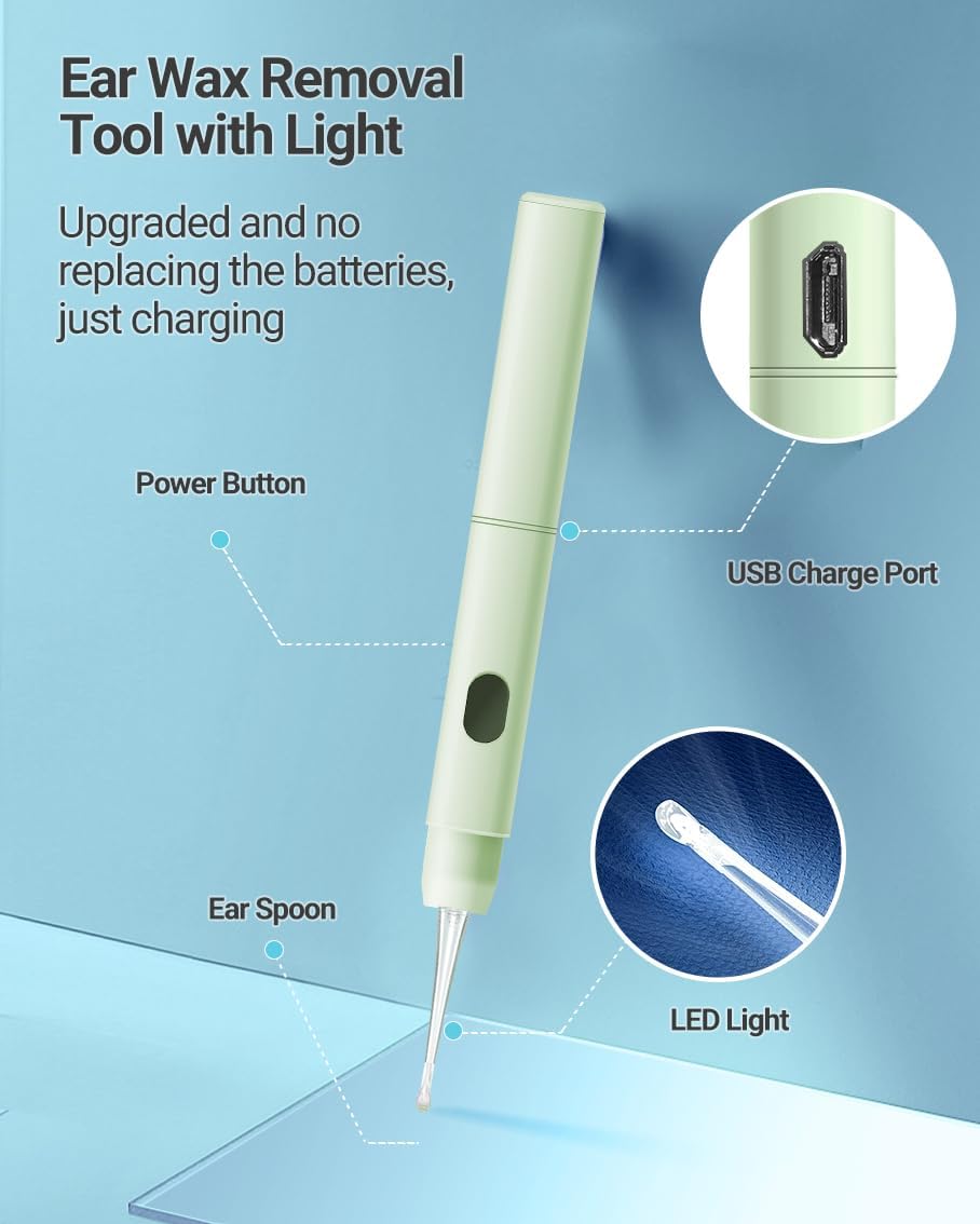 Upgraded All-in-One Ear Cleaning Tool Set with LED Light, Pick, Tweezers, Spiral Spring Spoon for Adults, Kids, and Pets (Pack of 7)
