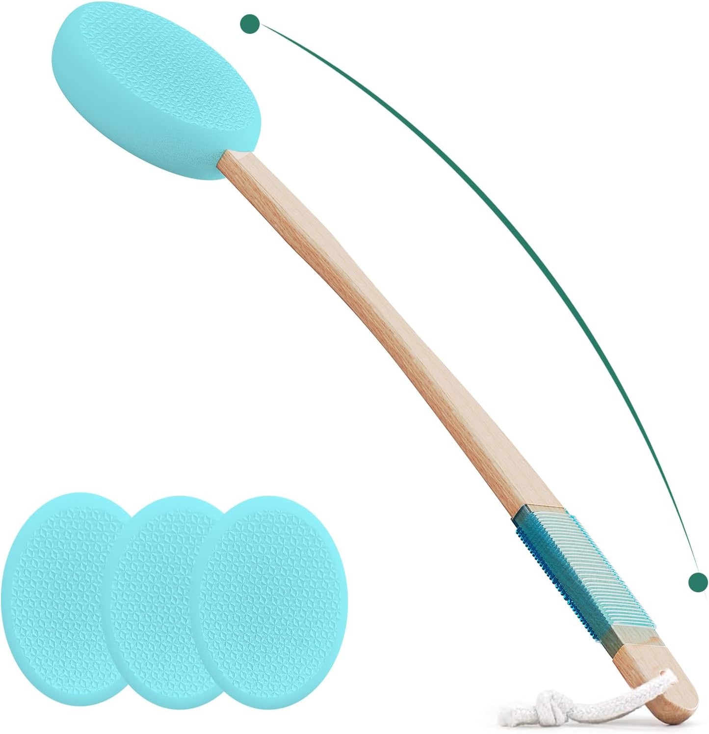 Lotion Applicator With 4 Replaceable Pads for Back, Self, Elderly, Women - Sunscreen and Cream Applicator With 17" Curved Handle for Easy Targeting of Back and Feet, Blue
