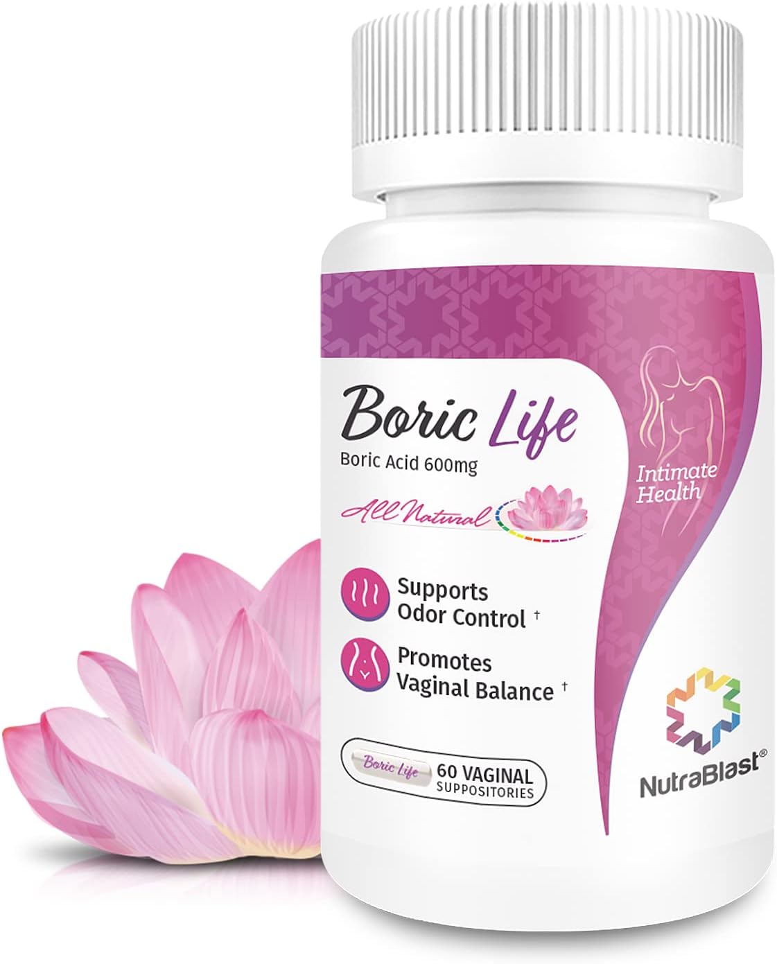NutraBlast Boric Acid Vaginal Suppositories - 100% Pure Made in USA - Boric Life Intimate Health Support (60 Count)