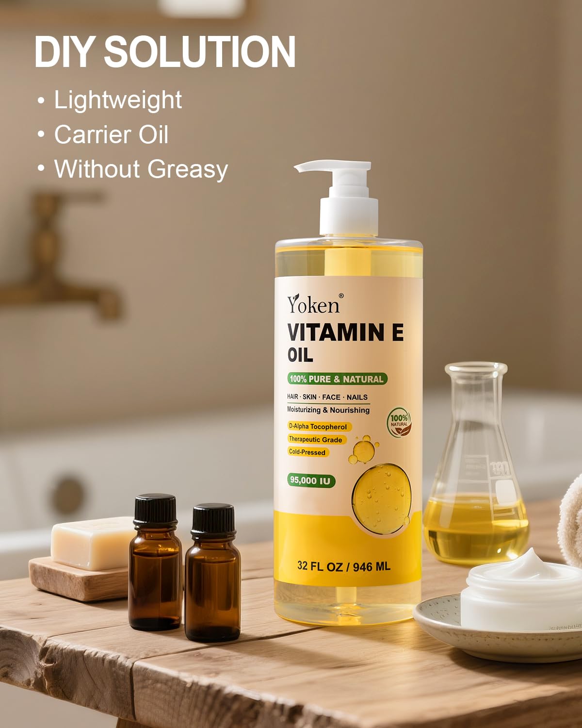 Vitamin E Oil 32 Fl Oz Organic Vitamin E oil for Skin 95,000 IU Vitamine oils for Scars Hair,Face,Nail,Scalp Perfect DIY Bath and Body Oil Cold Pressed Hexane Free Non-GMO Gluten Free Formula