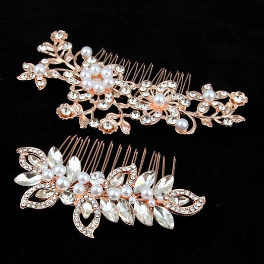 2pcs rose gold wedding hair comb set, crystal pearl floral design, bride hair accessories for ladies