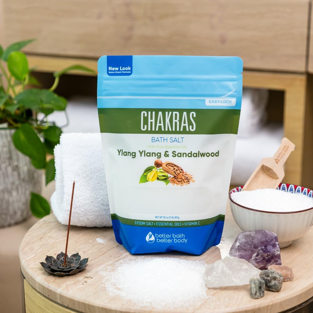 Chakras Bath Salt 32 Ounces Epsom Salt with Natural Ylang Ylang, Sandalwood, Eucalyptus, Frankincense, Chamomile and Cinnamon Essential Oils Plus Vitamin C in BPA Free Pouch with Easy Press-Lock Seal