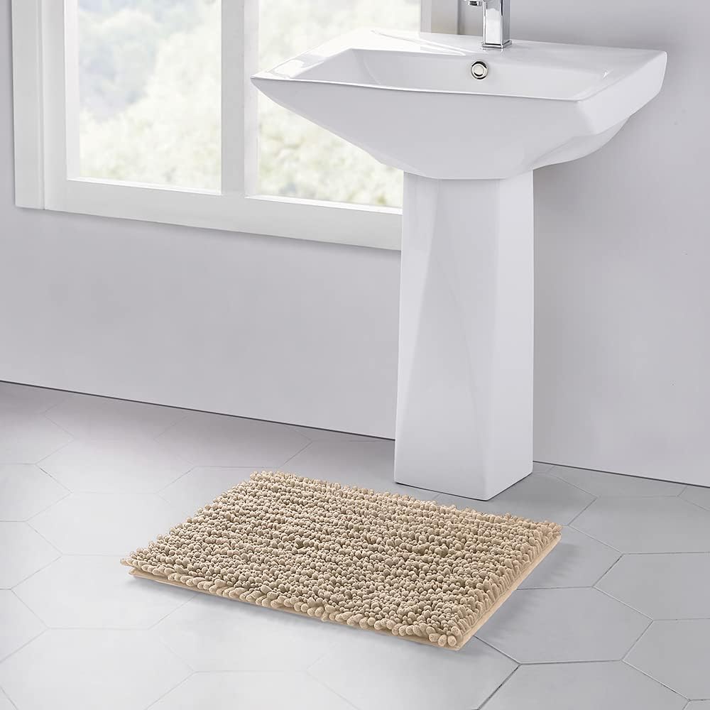 Walensee Bathroom Rug Non Slip Bath Mat (24x17 Inch Beige) Water Absorbent Super Soft Shaggy Chenille Machine Washable Dry Extra Thick Perfect Absorbant Best Small Plush Carpet for Shower Floor