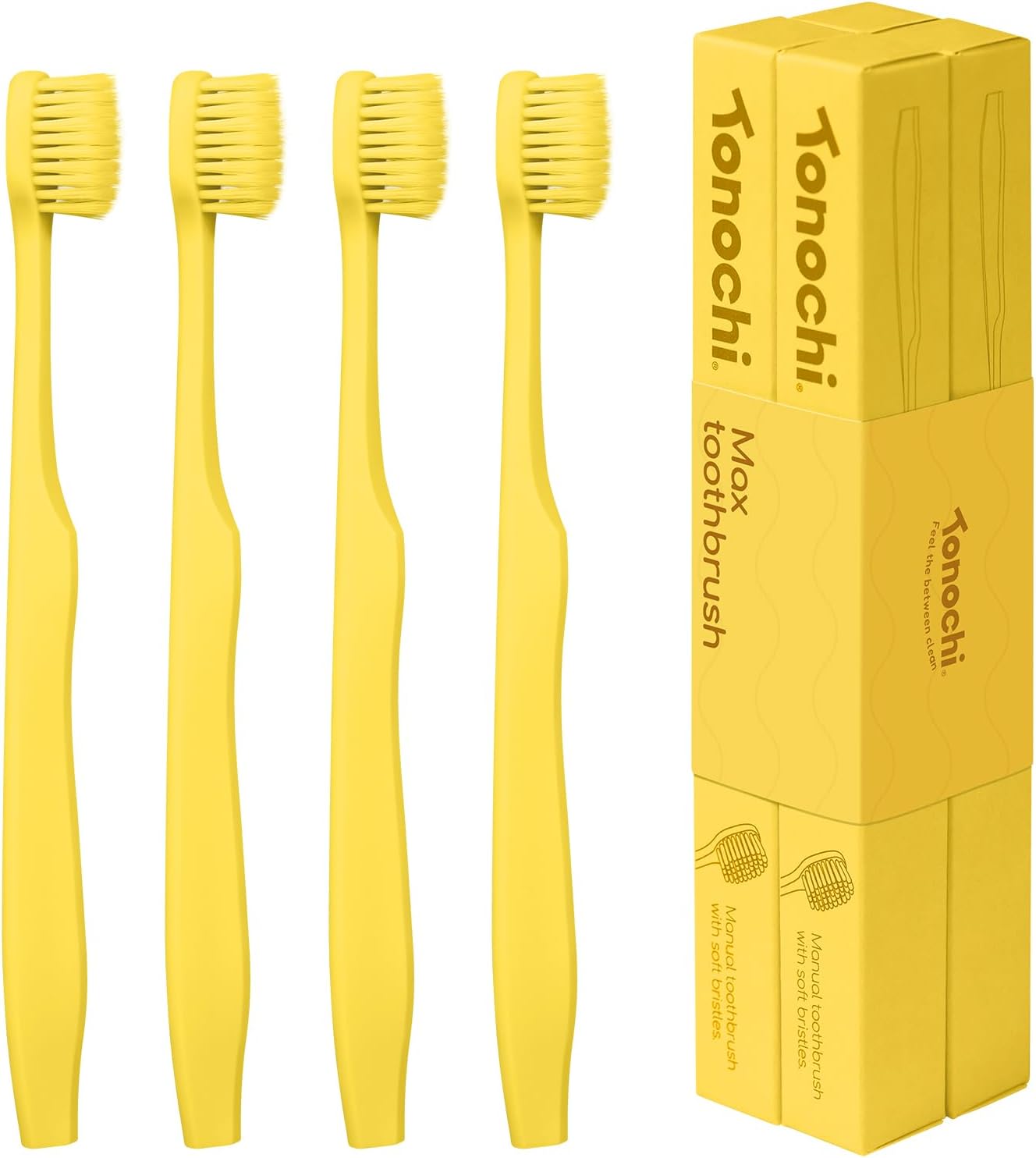 Max Extra-Soft Toothbrush for Adults Sensitive Gums – Gentle Bristles, Wide Angled Head for Back Teeth, Ergonomic Non-Slip Grip, BPA-Free Handle, Individually Wrapped, 4-Pack (Yellow)
