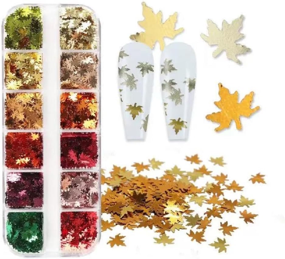 3 Boxes Fall Nail Art Sequins Thanksgiving Day 3D Holographic Gold Red Maple Leaf Nail Glitter Sequins Autumn Nail Supplies Decoration for Women DIY Manicure (36 Grids)